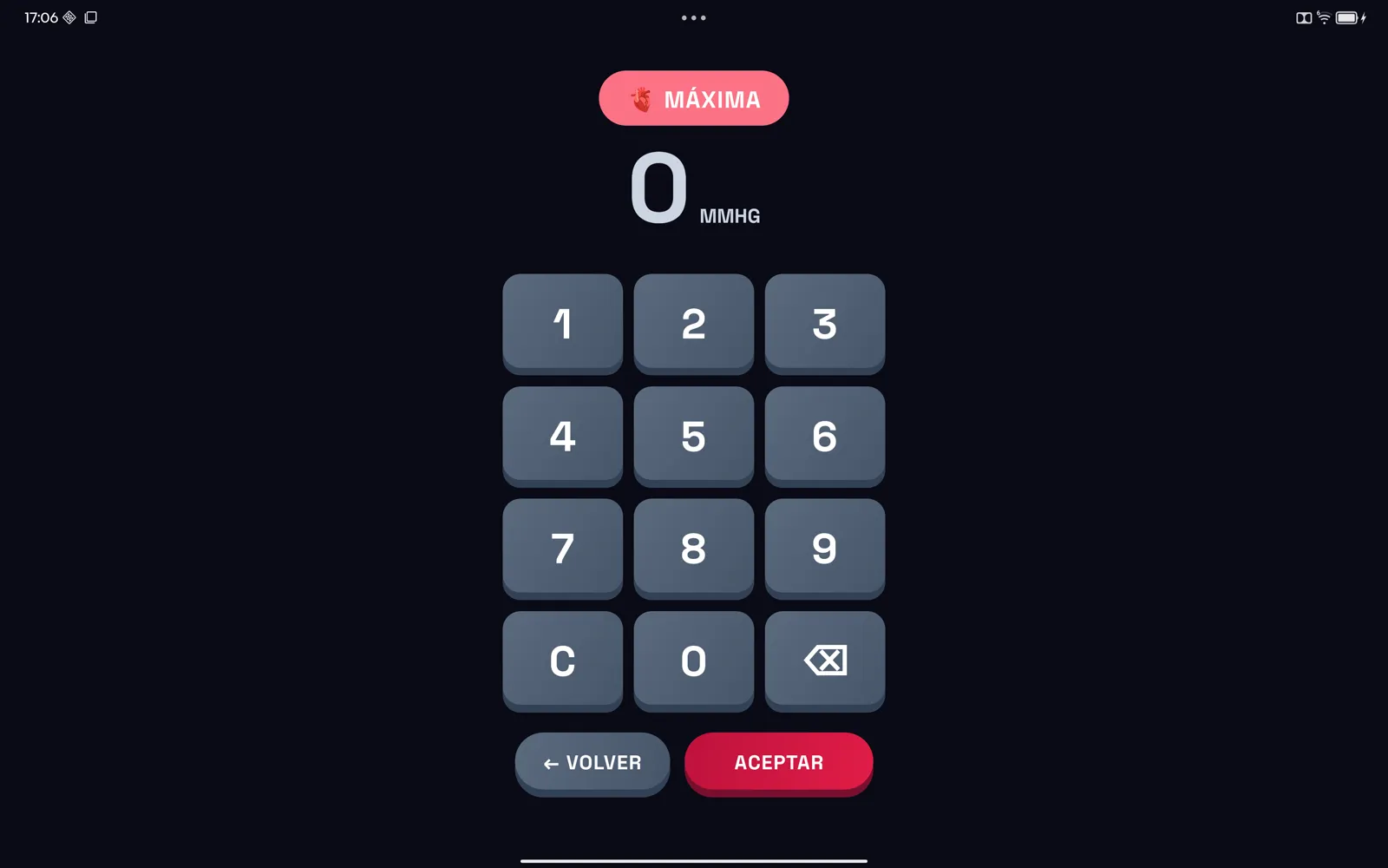 Pantalla de registro con un teclado numérico de teclas enormes; arriba, el valor que se está tecleando en cifras grandes con la unidad mmHg.